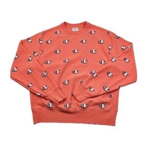 Champion Reverse Weave Pink Peach All Over Print Logo Medium Sweatshirt Pullover